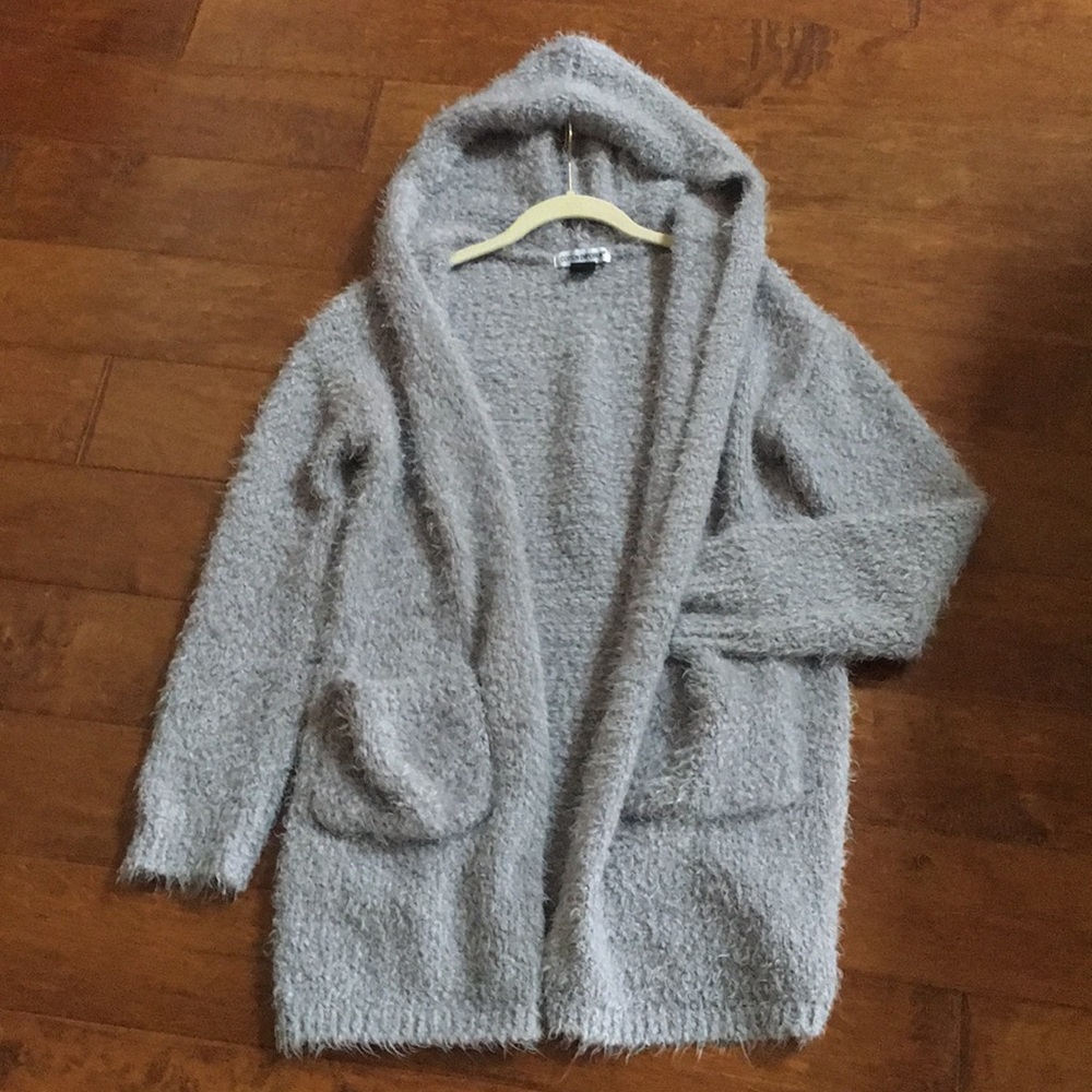 Medium Sweater Gray Teddy Bear Soft Hooded Lounge Open Cardigan